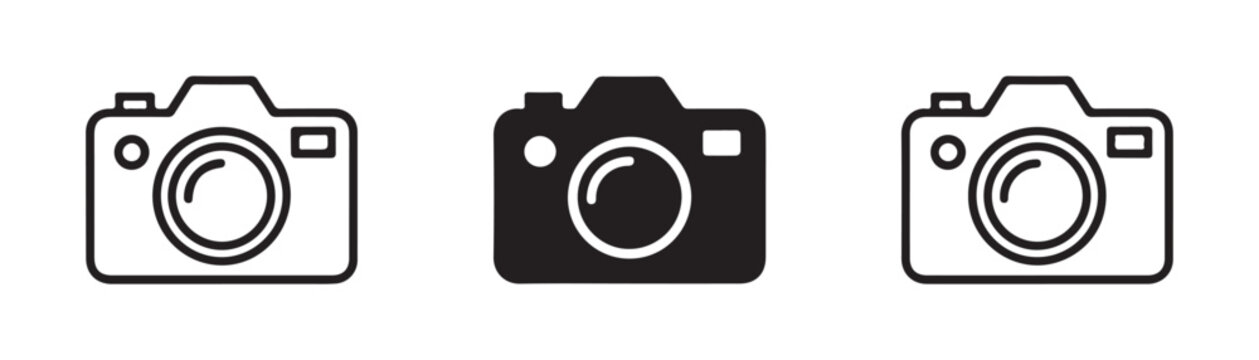 Camera icons set black outline style and silhouette flat design graphic elements for photography.