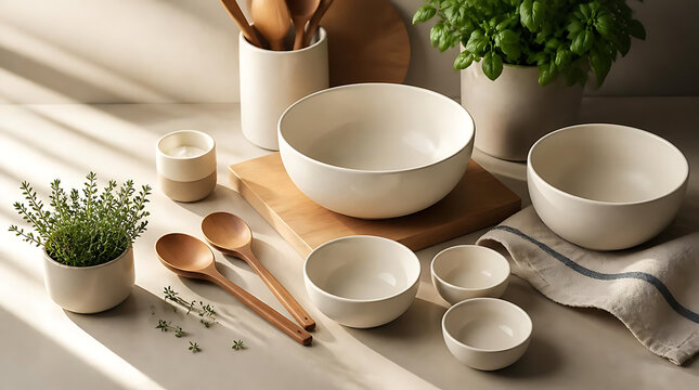 Close up of empty white ceramic mixing bowls in various sizes on kitchen counter for cooking and food preparation concepts