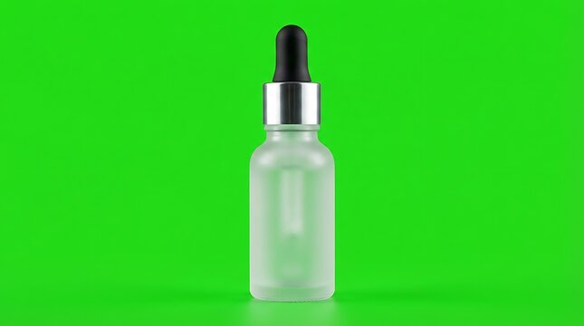A frosted glass cosmetic dropper bottle isolated on a vibrant green background