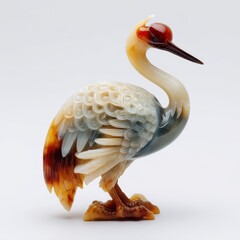 Fototapeta premium Elegant Hand Carved Agate Stone Crane Figurine Sculpture Isolated On A Neutral White Background