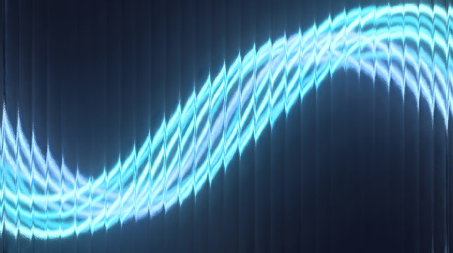 Abstract Electric Cyan Neon Sine Wave Light Flowing Through Fluted Ribbed Glass Surface on Dark Background