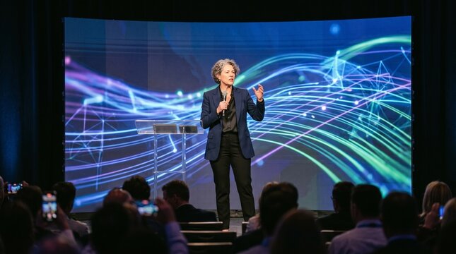 Woman speaker presenting on stage with digital background and audience watching
