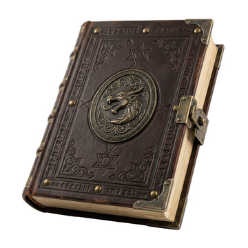 Antique leather book with dragon emblem and metal clasp