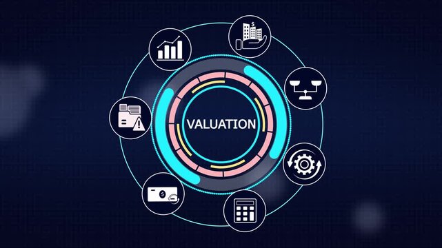 Financial valuation assessment panel displaying corporate worth indicators and stock analysis graphics