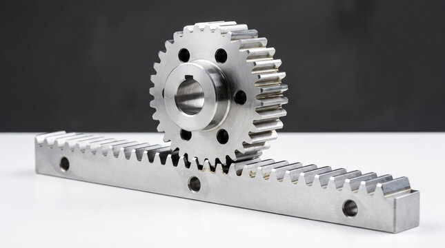 Precision stainless steel rack and pinion gear set isolated on white surface, showing industrial mechanical engineering detail