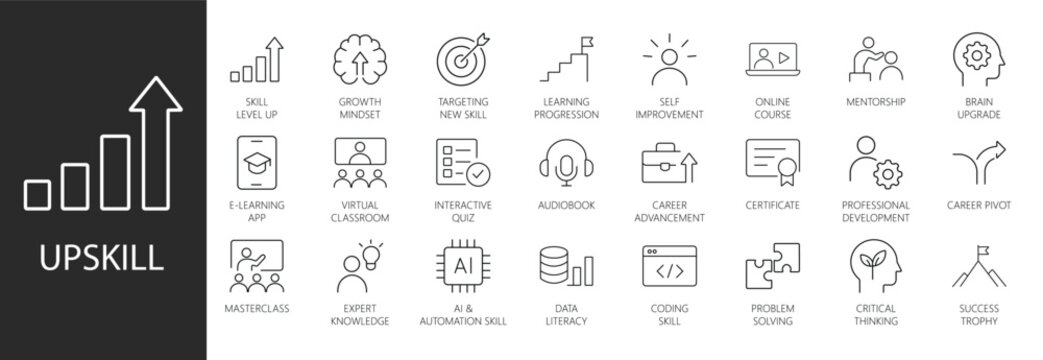 Upskill line icon set. Vector editable stroke icons for online learning, career development, e-learning, mentorship, professional skills, growth mindset, and education concepts.