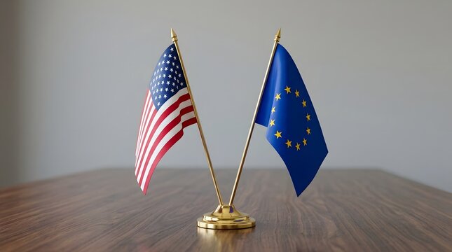 Small flags of the united states and the european union on a wooden table