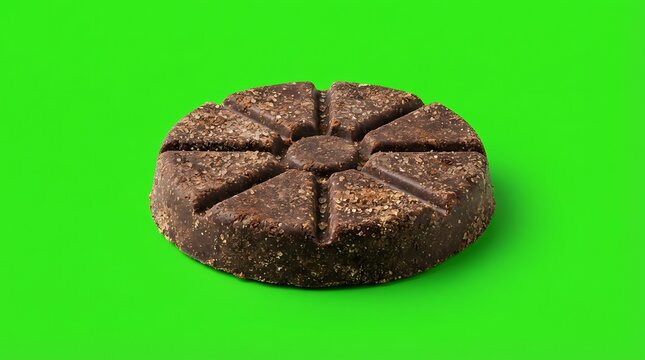 A circular brown chocolate cake divided into equal triangular slices