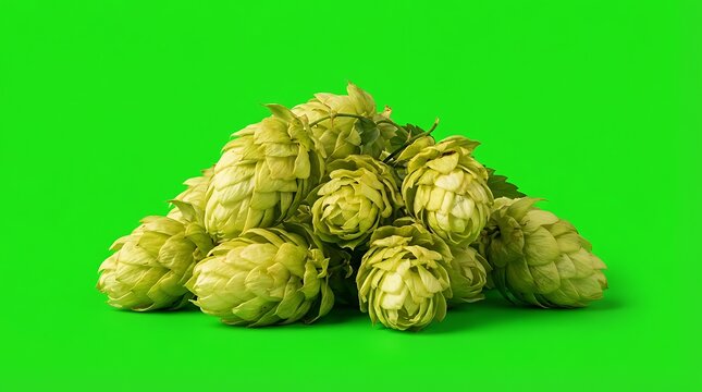 A small pile of fresh green hop cones isolated on a bright green background
