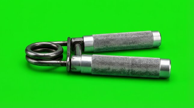 Metal hand grip strengthener tool isolated against a bright green background