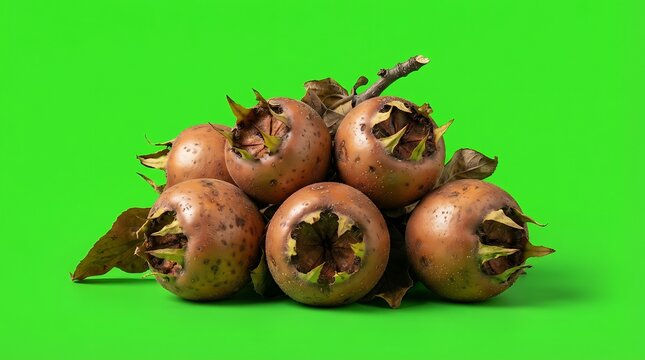 A small pile of ripe brown medlar fruits arranged on a bright green background