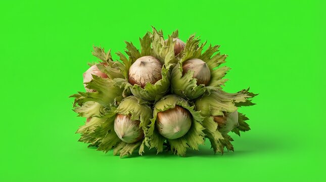A cluster of fresh raw hazelnuts still attached to their green leafy husks
