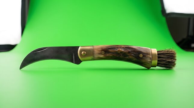 A vintage folding mushroom knife with antler handle on a green background