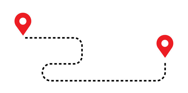 Two red map location pins connected by a square dotted path route for navigation with map pin location marker route line travel path