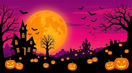 Fototapeta premium Spooky haunted mansion illustration with glowing jack o lantern pumpkins and flying bats under large orange moon