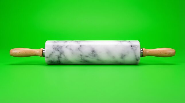 A marble rolling pin with wooden handles centered on a vibrant green backdrop
