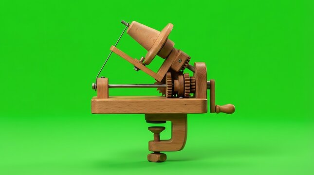 A vintage wooden ball winder for yarn isolated on a bright green background