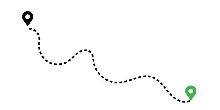 Winding dotted path connection between black start point and green end destination with navigation tracking destination location
