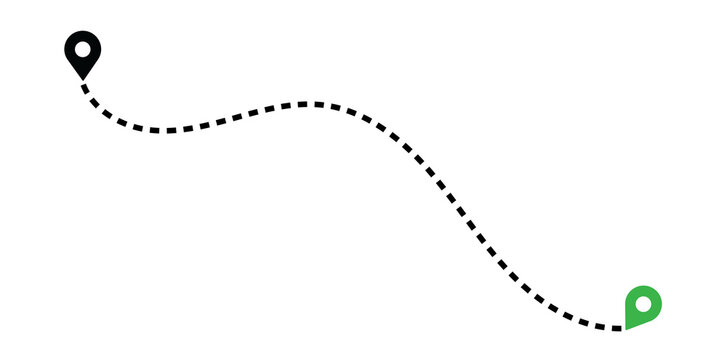 Smooth arching path with dotted line connecting start location to destination navigation tracking destination location direction