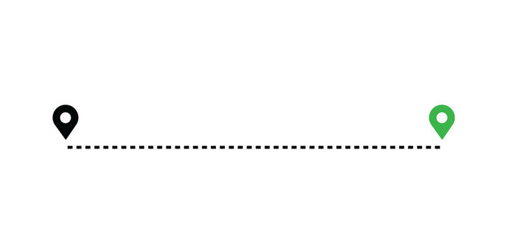 Straight dashed line connecting a black and a green map location pin with location marker start end map point graphic element connection