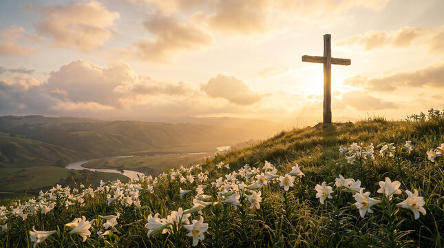 Wooden cross overlooks river valley with white lilies at sunset symbolizing hope for christian religious background.