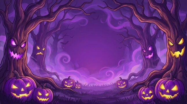 Spooky halloween forest background featuring glowing carved pumpkins and scary haunted trees in purple fog