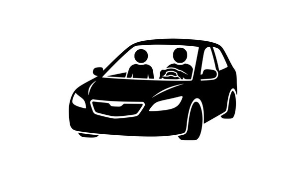 Minimal black filled icon showing driver and passenger inside sleek modern car for transportation travel vector design