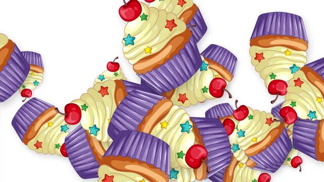Animated Cupcakes with Cherries and Stars Bursting on White Background