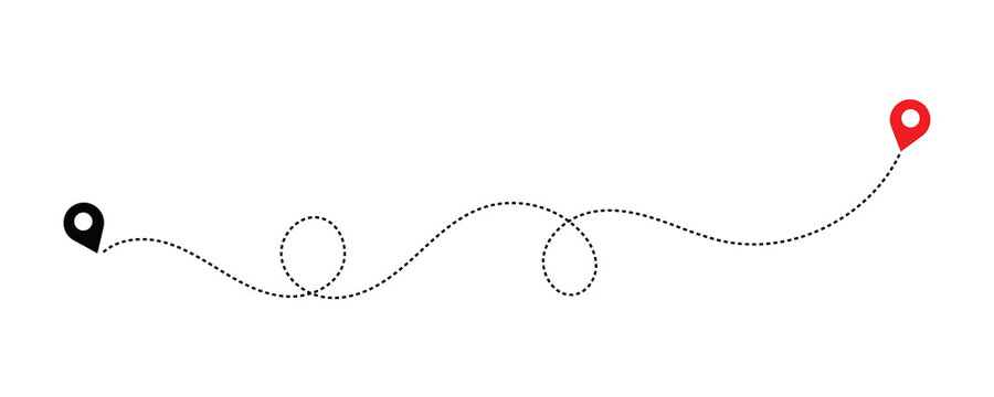 Dotted route path with a between a black and red map location marker location markers map pin dashed line travel planning gps tracking