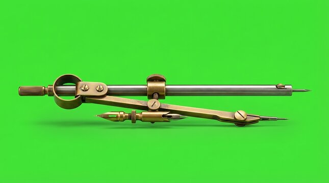 A vintage brass drafting compass isolated against a vibrant green background