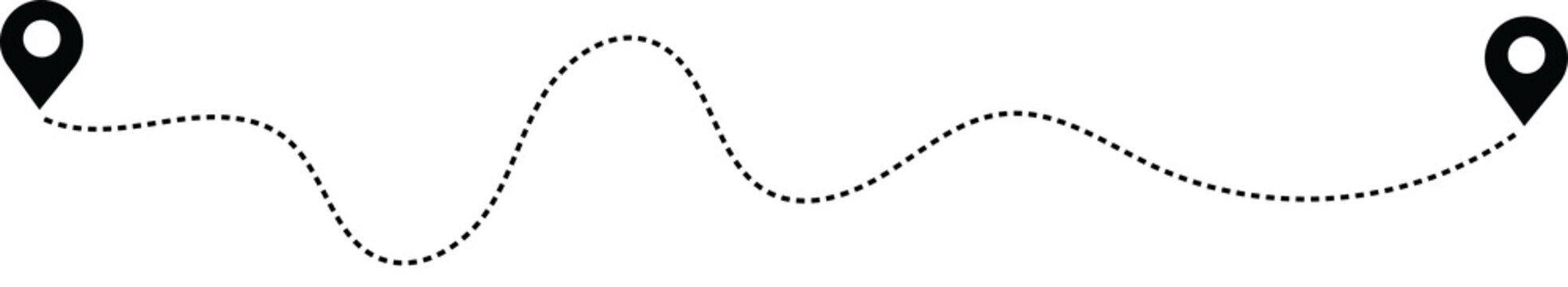 Dashed path route between two map pin locations with dashed line travel route dotted line navigation system location navigation