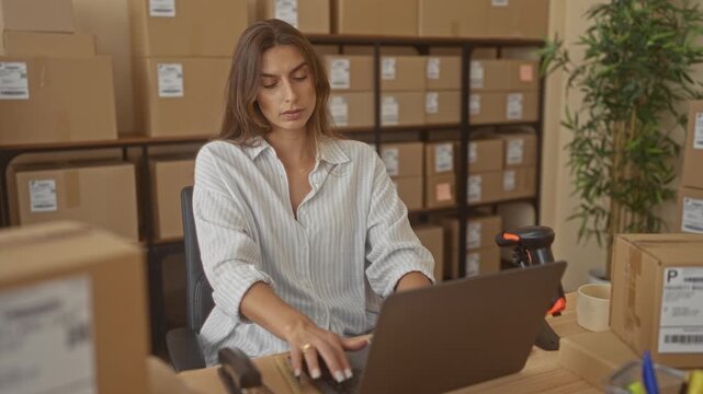 Woman holding smartphone, typing with hand on laptop among stacked shipping boxes in building; entrepreneurship focus.