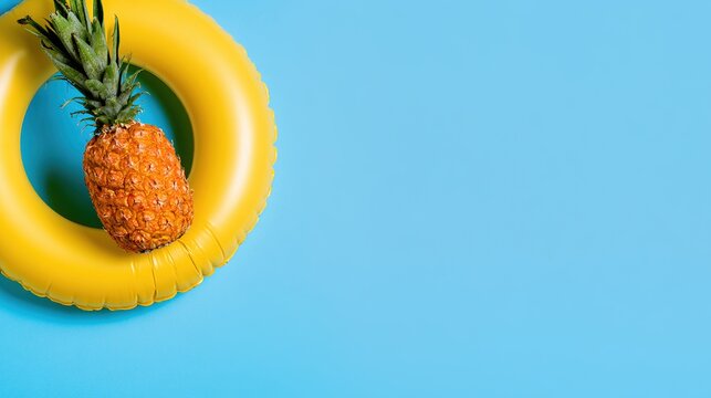pineapple. Vibrant beach scene featuring a floating ring and pineapple, evoking tropical vacation vibes. tourism brochures.