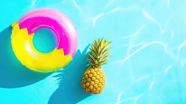 pineapple. Vibrant beach scene featuring a floating ring and pineapple, evoking tropical vacation vibes. tourism brochures.