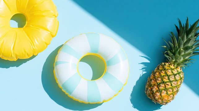 pineapple. Vibrant beach scene featuring a floating ring and pineapple, evoking tropical vacation vibes. tourism brochures.
