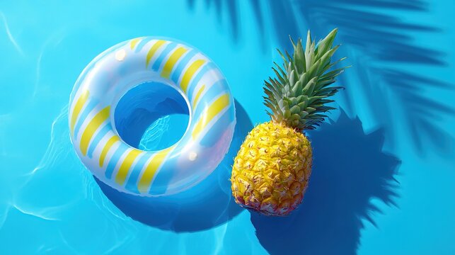 pineapple. Vibrant beach scene featuring a floating ring and pineapple, evoking tropical vacation vibes. tourism brochures.