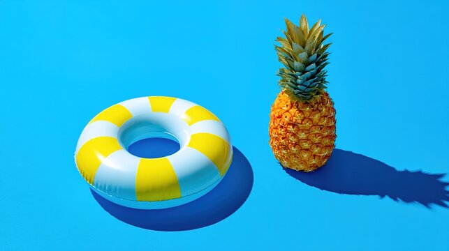 pineapple. Vibrant beach scene featuring a floating ring and pineapple, evoking tropical vacation vibes. tourism brochures.
