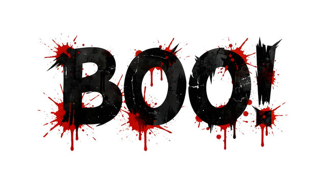 A spooky halloween text design featuring the word boo written in a bold black font with realistic red blood splatter on white background