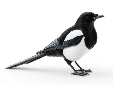 Eurasian Magpie Bird Standing Isolated On A Pure White Background With Clear Details