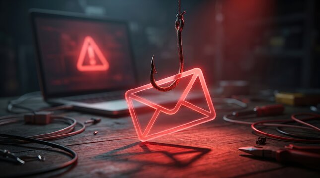 Glowing red digital email caught on fishing hook representing phishing scam and cybersecurity threat concept