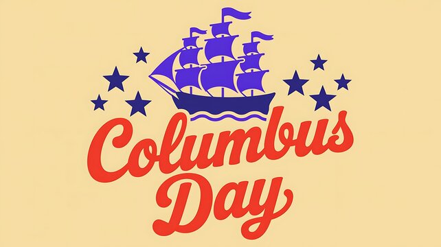 Columbus day graphic illustration with vintage sailing ship and blue stars on light yellow background