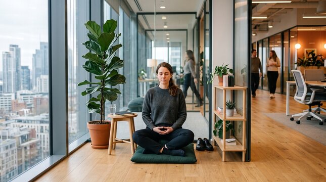 Woman meditating in lotus position in a modern office with city view
