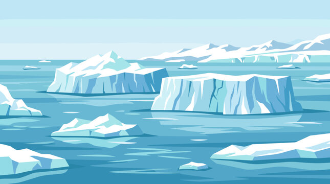 Minimalist vector illustration of large white and blue icebergs floating in a calm arctic ocean with distant snowy mountain ranges under a clear light blue sky background.