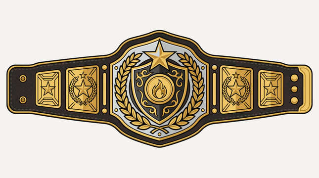 Gold and silver championship belt vector illustration featuring a central shield with a flame icon, star, and laurel wreath on a black and brown textured leather strap with metal side plates.