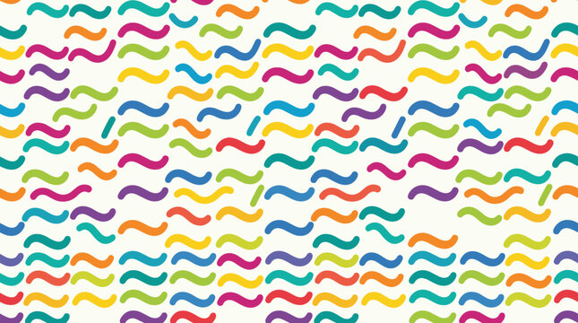 Seamless pattern featuring colorful tilde symbols and wavy lines in vibrant red, blue, yellow, green, and purple on a white background, abstract geometric vector texture.