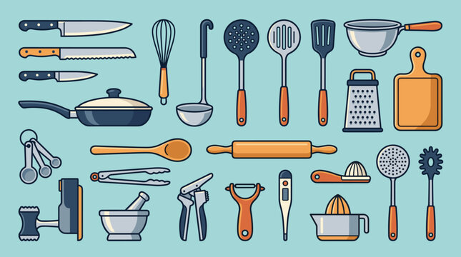 Flat vector illustration set of various kitchen utensils and cooking tools including knives, frying pan, whisk, spatula, grater, rolling pin, measuring spoons, and citrus juicer.