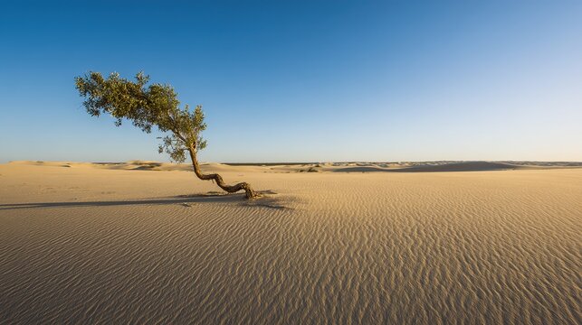 wasteland. A single twisted tree stands in a vast desert landscape during the golden hour. travel magazines, destination branding, designed for outdoor magazines and nature guides.