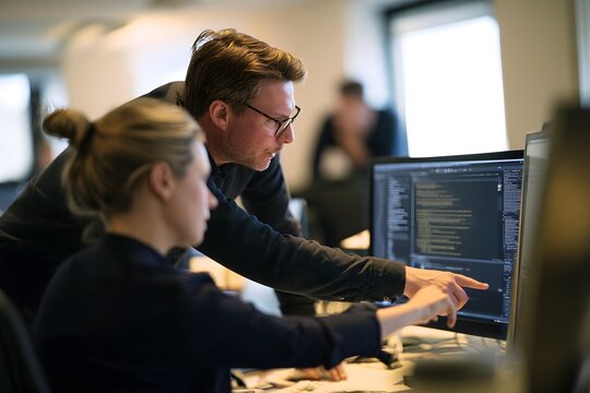Zwei Softwareentwickler analysieren gemeinsam Programmcode am Computer