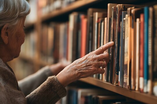 Seniorin w&auml;hlt ein Buch aus einem Regal in der Bibliothek