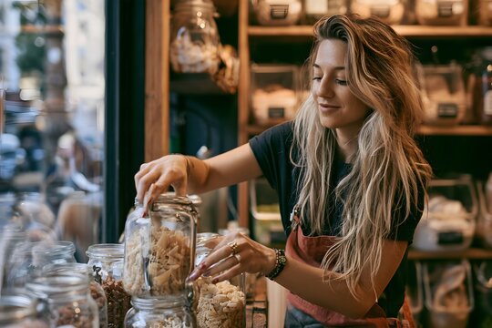Frau kauft unverpackte Lebensmittel nachhaltig in einem Zero-Waste-Laden